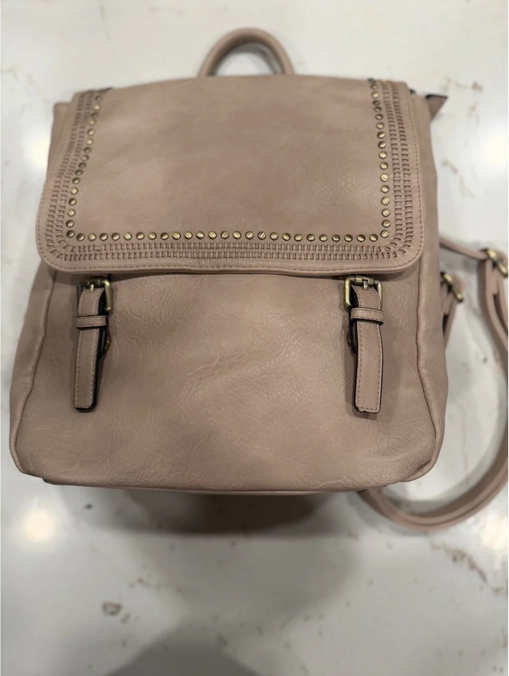 Jen & Co. Beige Vegan Flap Over Studded Backpack Purse EUC